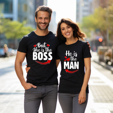 Unisex Couple T-Shirt -She is the Boss and He is the Man